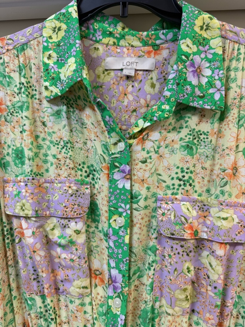 LOFT Green and Lavender Floral Button-Up Dress